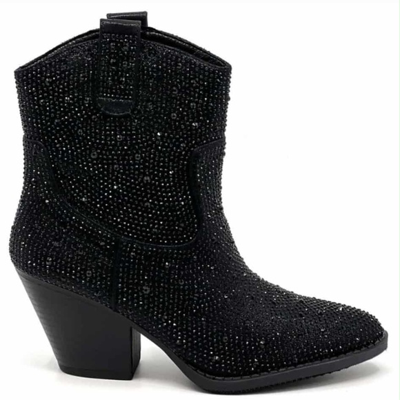 Rhinestone Cowboy Bling Bling Sparkly Pointed Toe Western Bootie Black sz 9 - Picture 4 of 10